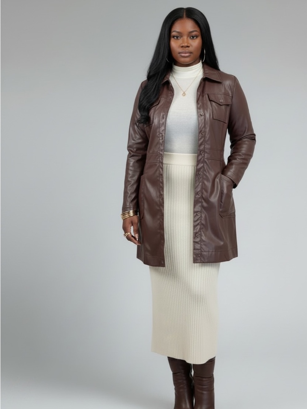 Women's Brown Faux Leather Long Shirt Jacket